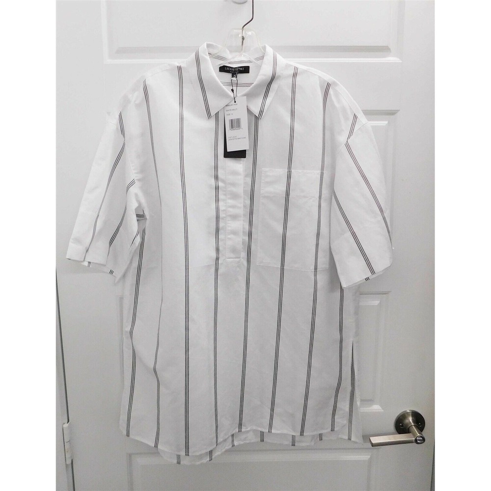 New LaFayette 148 New York White‎ Black Stripe Blouse sz S